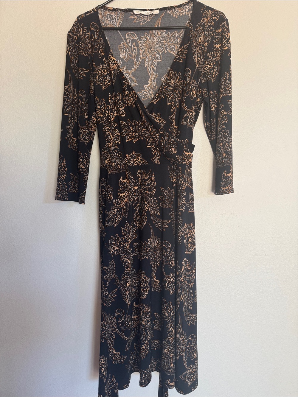 Evan Picone Black Wrap Dress with Gold Paisley Print